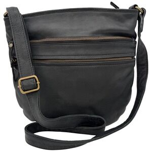 FatFace Black Leather Crossbody Bag Double Zip Front Pockets Adjustable Strap